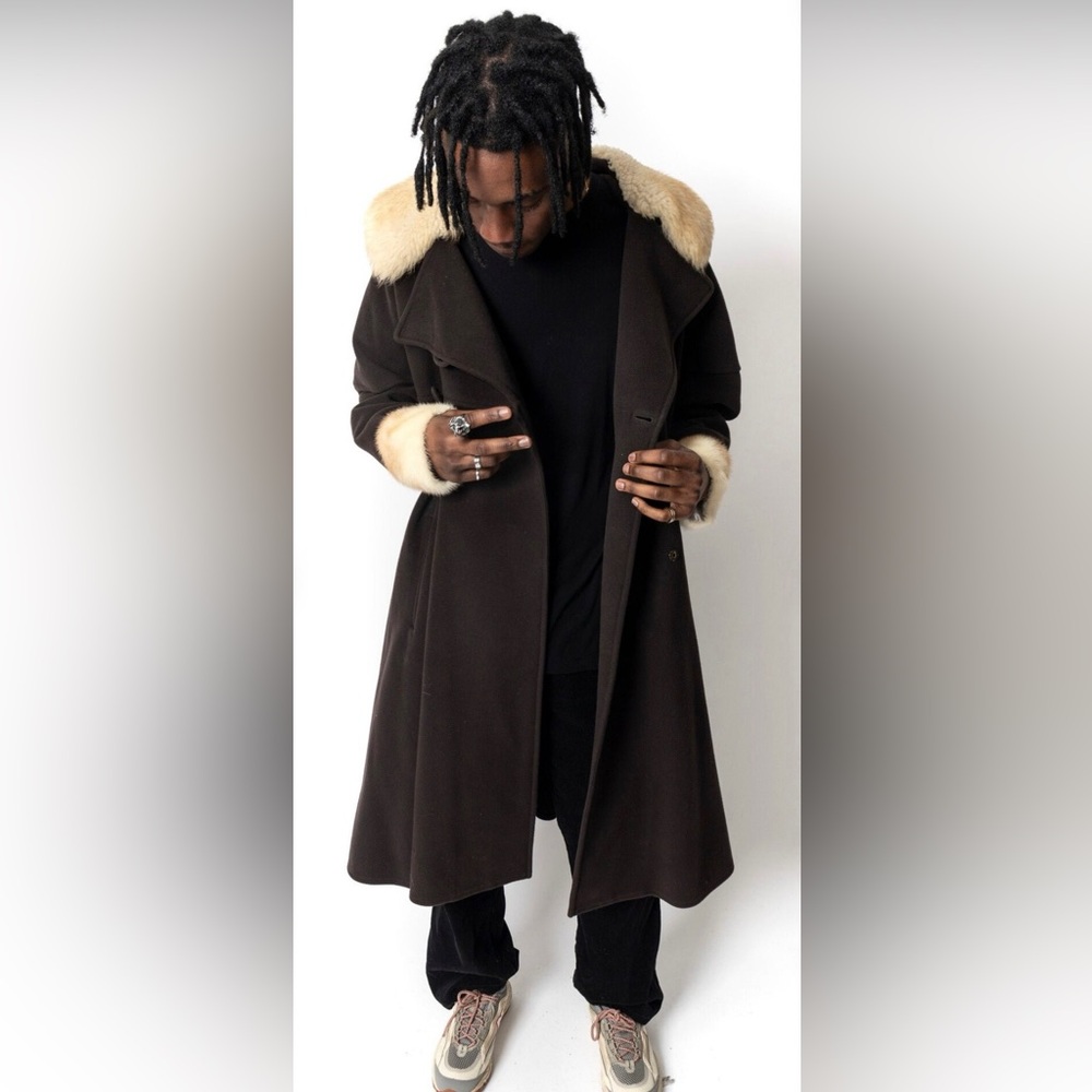 Fendi Brown Pea Coat with Real Fur Trim